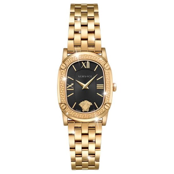 VERSACE Small Gold Brick Wrist Watch Quartz Movement Stainless Steel Watchband Black Dial Women's Watch VE1B00818