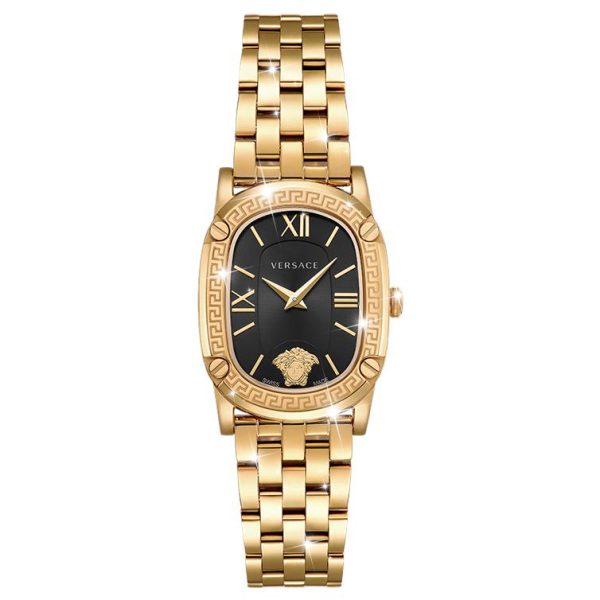 VERSACE Small Gold Brick Wrist Watch Quartz Movement Stainless Steel Watchband Black Dial Women's Watch VE1B00818