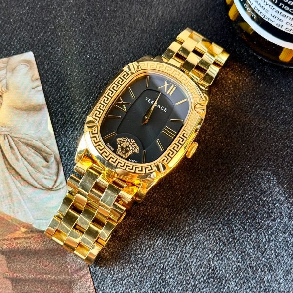VERSACE Small Gold Brick Wrist Watch Quartz Movement Stainless Steel Watchband Black Dial Women's Watch VE1B00818