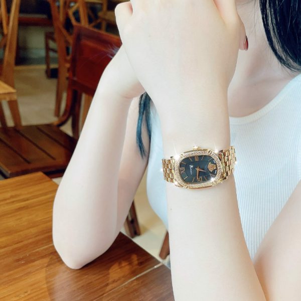 VERSACE Small Gold Brick Wrist Watch Quartz Movement Stainless Steel Watchband Black Dial Women's Watch VE1B00818