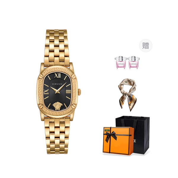 VERSACE Small Gold Brick Wrist Watch Quartz Movement Stainless Steel Watchband Black Dial Women's Watch VE1B00818