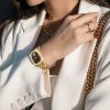 VERSACE Small Gold Brick Wrist Watch Quartz Movement Stainless Steel Watchband Black Dial Women's Watch VE1B00818