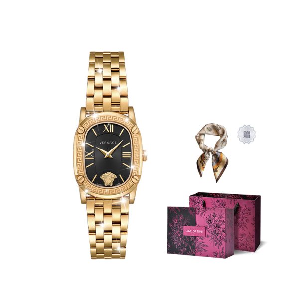 VERSACE Small Gold Brick Wrist Watch Quartz Movement Stainless Steel Watchband Black Dial Women's Watch VE1B00818