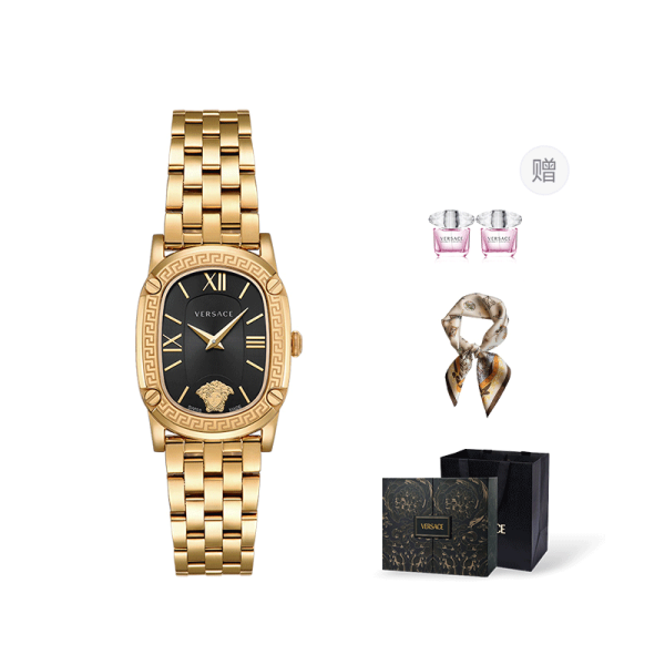 VERSACE Small Gold Brick Wrist Watch Quartz Movement Stainless Steel Watchband Black Dial Women's Watch VE1B00818