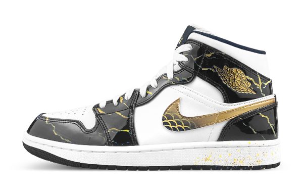 Jordan Air Jordan 1 Mid-Top Vintage Basketball Shoes Men's Black White Gold 852542-007(Team116-男AJ黑金龙纹)