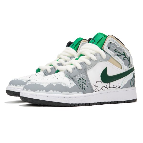 Jordan Air Jordan 1 Mid Top Vintage Basketball Shoes GS Gray DQ8423-301(Teamp-圣诞灰白涂鸦S-BOX)