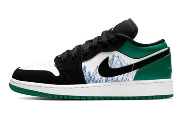 Jordan Air Jordan 1 Slip Resistant Low Top Vintage Basketball Shoes GS Black Green 553560-113(Team56-迷雾森林)