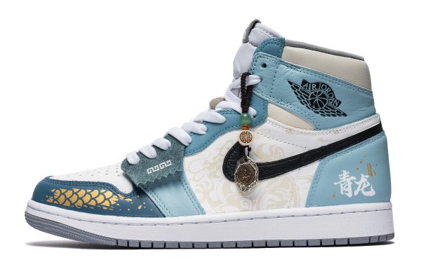 Jordan Air Jordan 1 High-Top Vintage Basketball Shoes Women's White Blue 575441-037(Team22-女款CNY青龙白蓝)